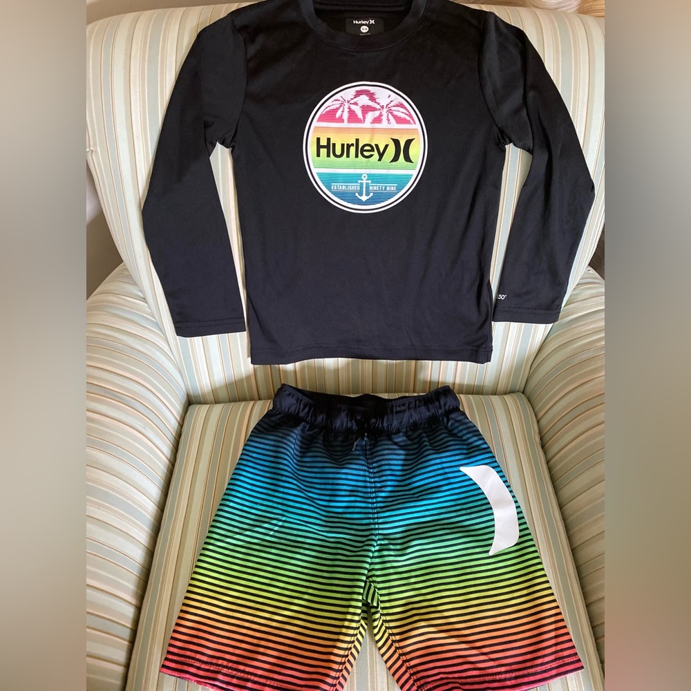 HURLEY KIDS 2-PIECE SWIM SET UPF 50+ LONG SLEEVE SHIRT & TRUNKS SIZE 5/6 🌟EUC🌟